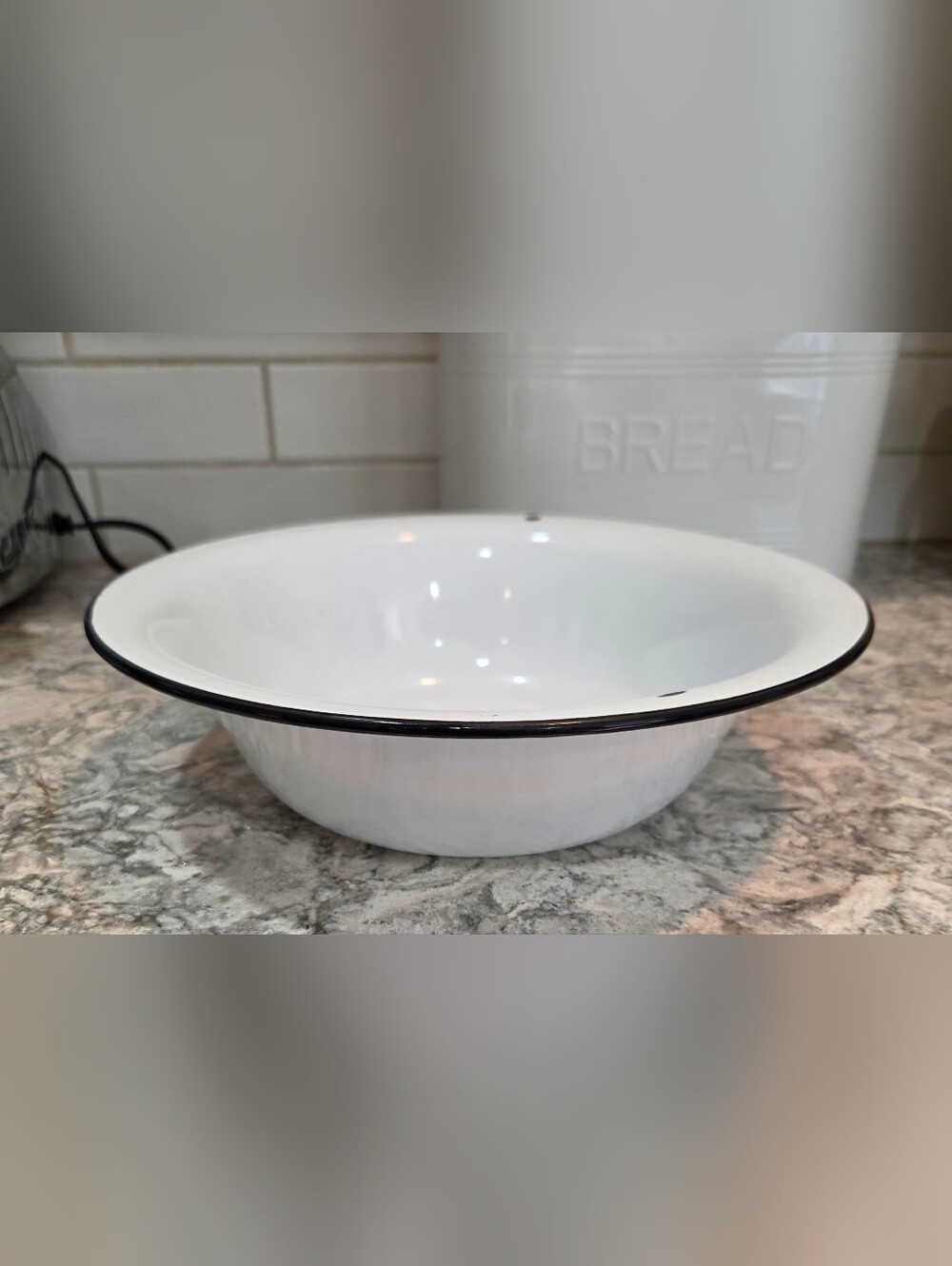 Vintage Enamelware Bowl Basin White Black Rim 12" Farmhouse Rustic Country Retro